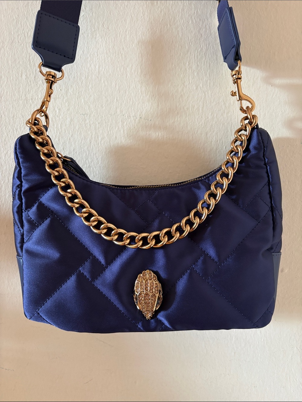 Kurt Geiger Navy Blue Quilted Crossbody Bag with Bird and Mini Pouch on Strap